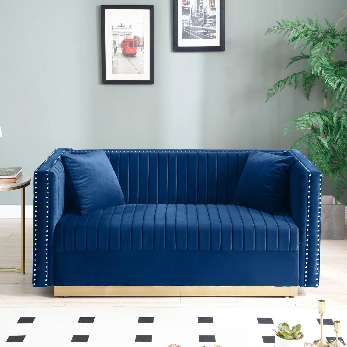 Contemporary Vertical Channel Tufted Velvet Sofa Loveseat Modern Upholstered 2 Seater Couch for Living Room Apartment with 2 pillows,Blue