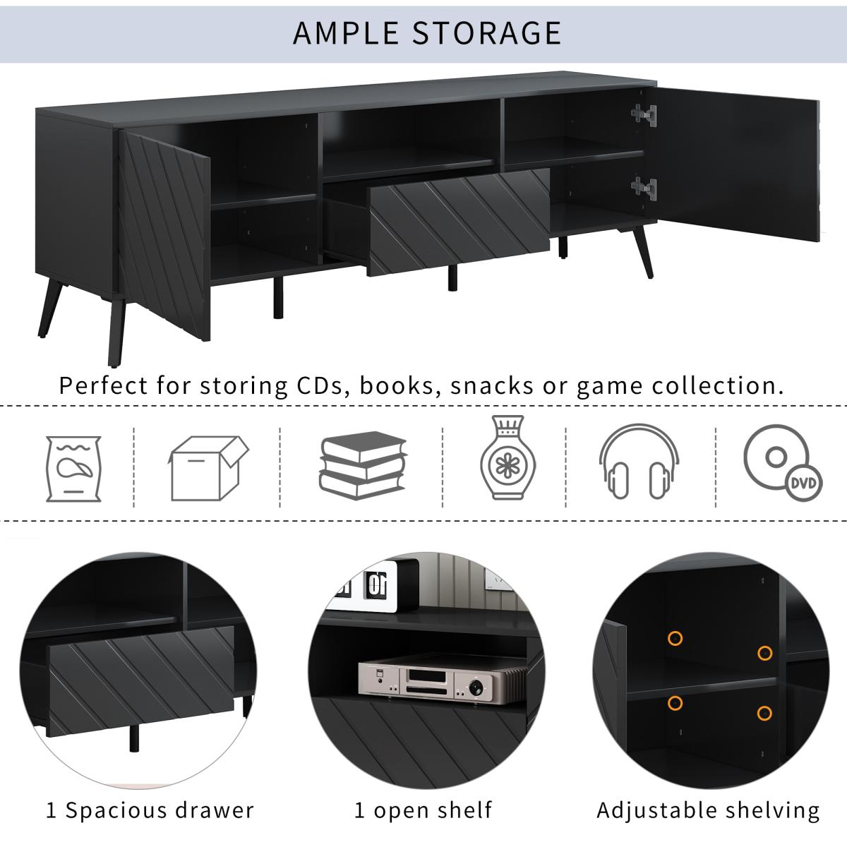 U-Can Modern Tv Stand for 70 inch Tv, Entertainment Center with Adjustable Shelves, 1 Drawer and Open Shelf, Tv Console Table, Media Console, Metal Feet, for Living Room