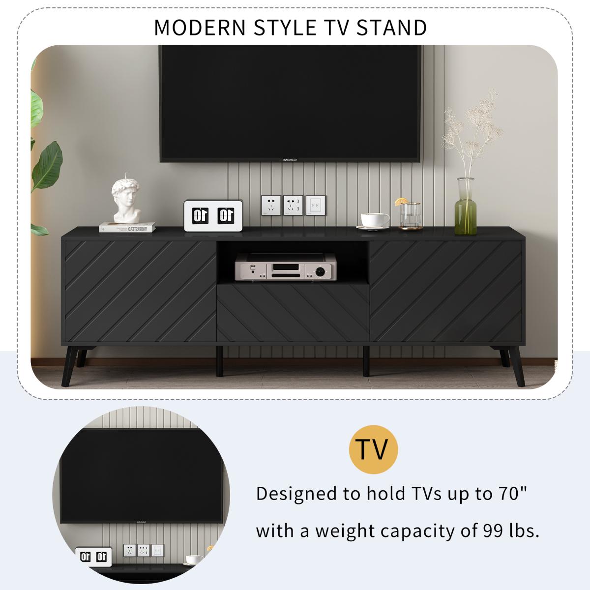 U-Can Modern Tv Stand for 70 inch Tv, Entertainment Center with Adjustable Shelves, 1 Drawer and Open Shelf, Tv Console Table, Media Console, Metal Feet, for Living Room