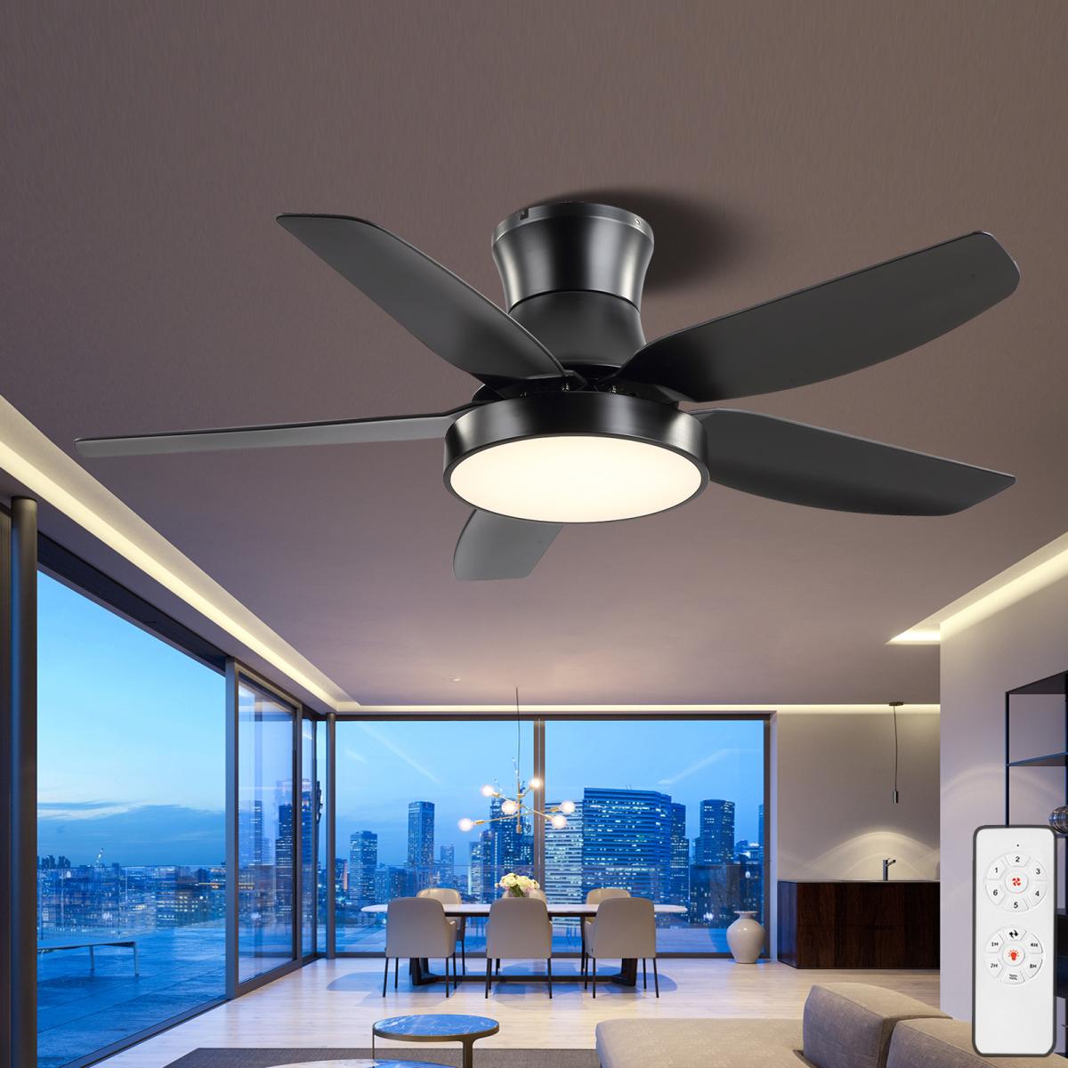 46 Inch Black Flush Mount Ceiling Fan with Light and Remote Control, Low Profile Ceiling Fan with 5 blades, 3 Light Color, 6 Speeds for Living Room, Bedroom, Children room, Matte Black
