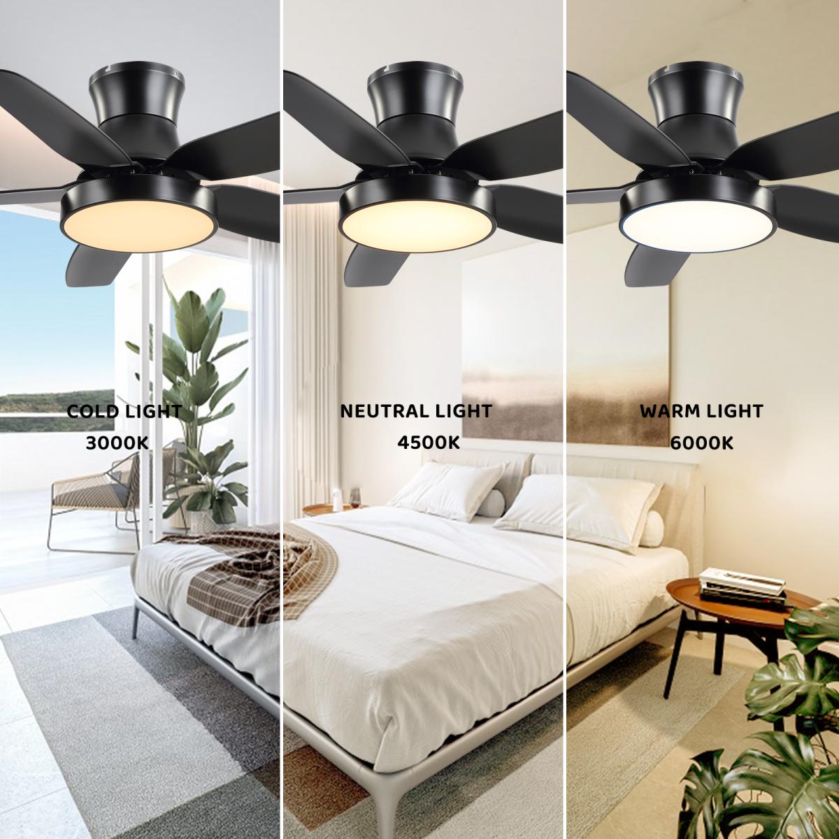 46 Inch Black Flush Mount Ceiling Fan with Light and Remote Control, Low Profile Ceiling Fan with 5 blades, 3 Light Color, 6 Speeds for Living Room, Bedroom, Children room, Matte Black