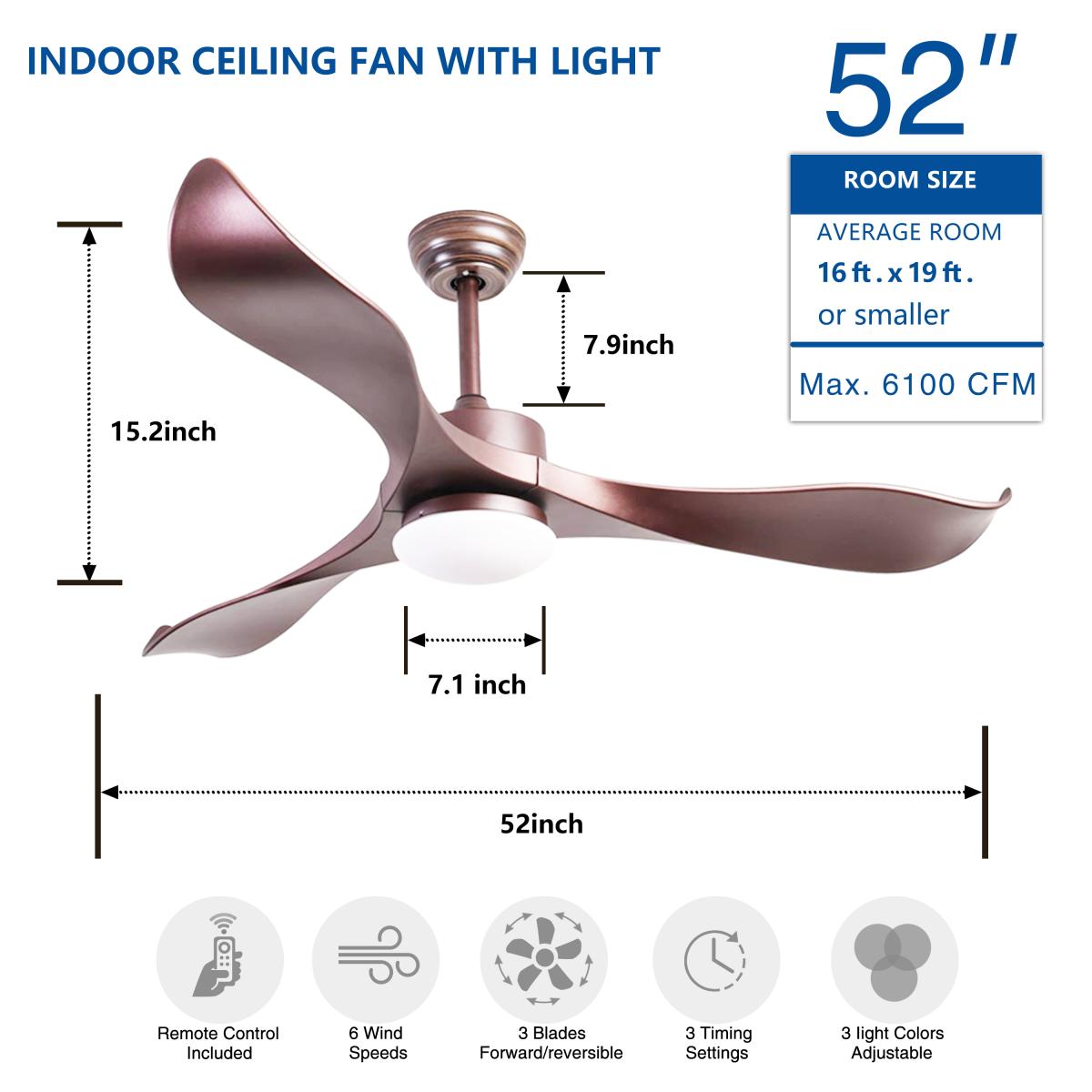 52inch Ceiling Fans with Lights, 3 Abs Fan Blades, Classical Style Fan with Remote Control, Noiseless Reversible Dc Motor for Patio/Bedroom/Living Room