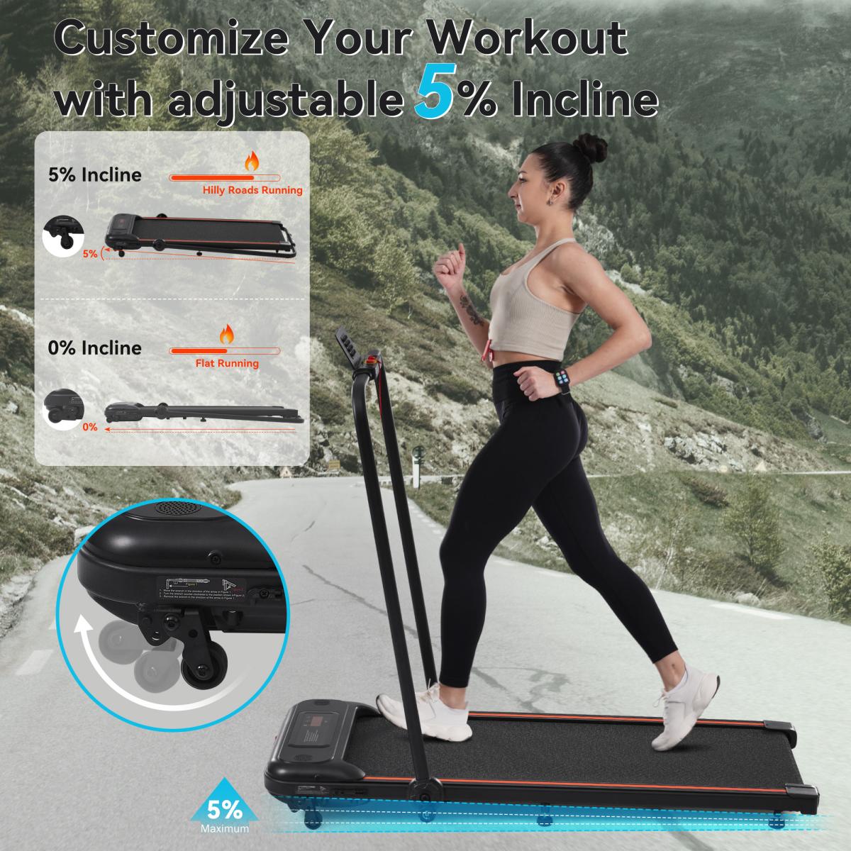 Folding Walking Pad Under Desk Treadmill for Home Office -2.5hp Walking Treadmill With Incline Bluetooth Speaker 0.5-7.5mph 265lbs Capacity Treadmill for Walking Running - Two Ways to Adjust Speed