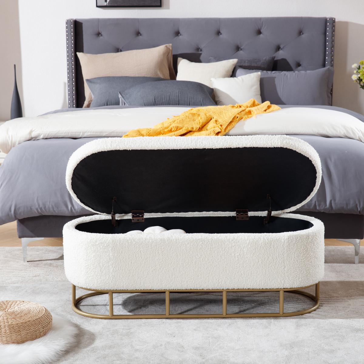 Oval Storage Bench for Living Room Bedroom End of Bed,Sherpa Fabric Plush Upholstered Storage Ottoman Entryway Bench With Metal Legs,Cream