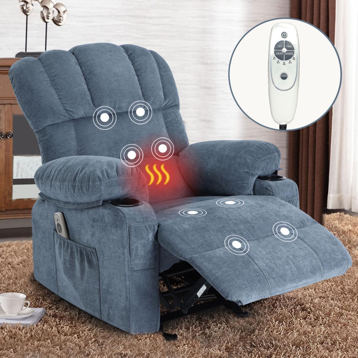 Vanbow.Recliner Chair Massage Heating sofa with Usb and side pocket 2 Cup Holders (Blue)