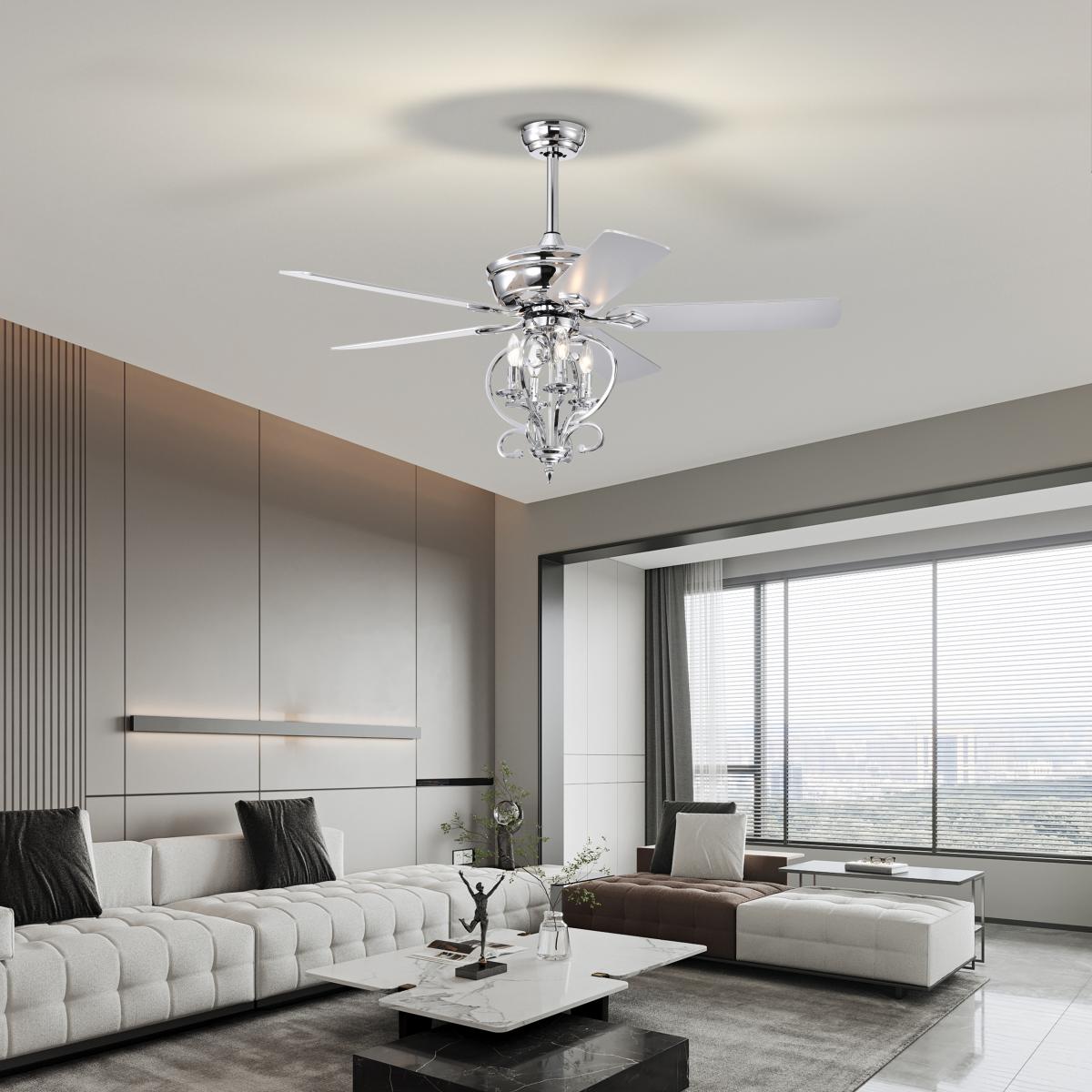 52 inch 4 Lights Ceiling Fan with 5 Wood Blades, Two-color fan blade, Ac Motor, Remote Control, Reversible Airflow, 3-Speed, Adjustable Height, Traditional Ceiling Fan for home decorate (Silver)