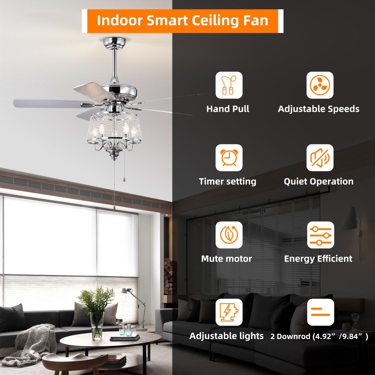 52 Inch Crystal Ceiling Fan , Modern Electrical Fan with 5 Wood Reversible Blades, 4 Bulbs Not Included,Noiseless Reversible Ac Motor for Bedroom/Living Room/Study/Patio Home Decoration (Chrome)