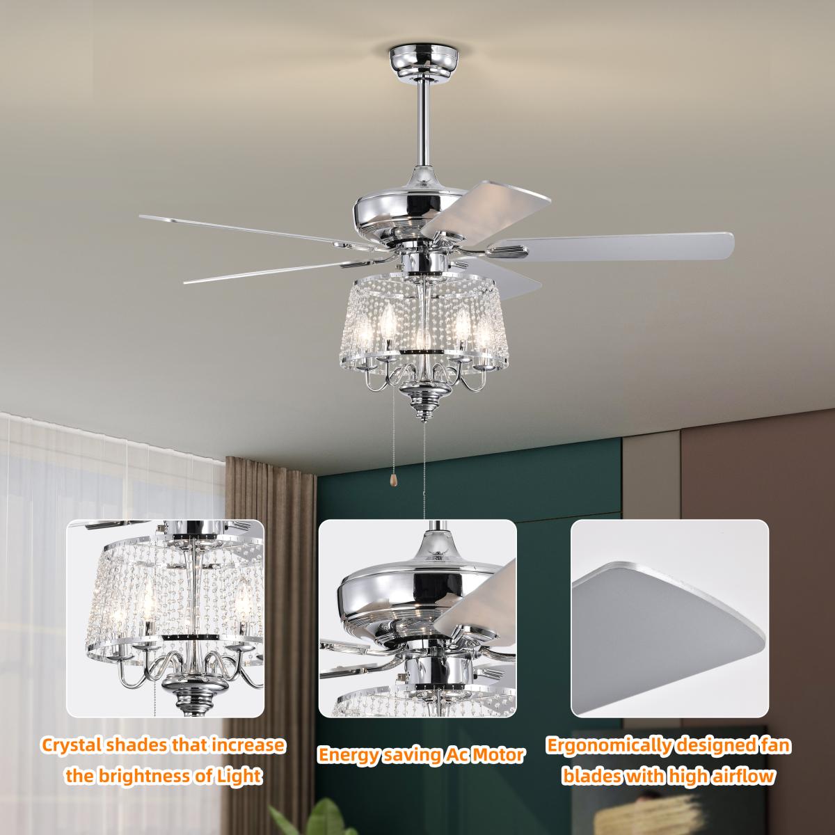 52 Inch Crystal Ceiling Fan , Modern Electrical Fan with 5 Wood Reversible Blades, 4 Bulbs Not Included,Noiseless Reversible Ac Motor for Bedroom/Living Room/Study/Patio Home Decoration (Chrome)