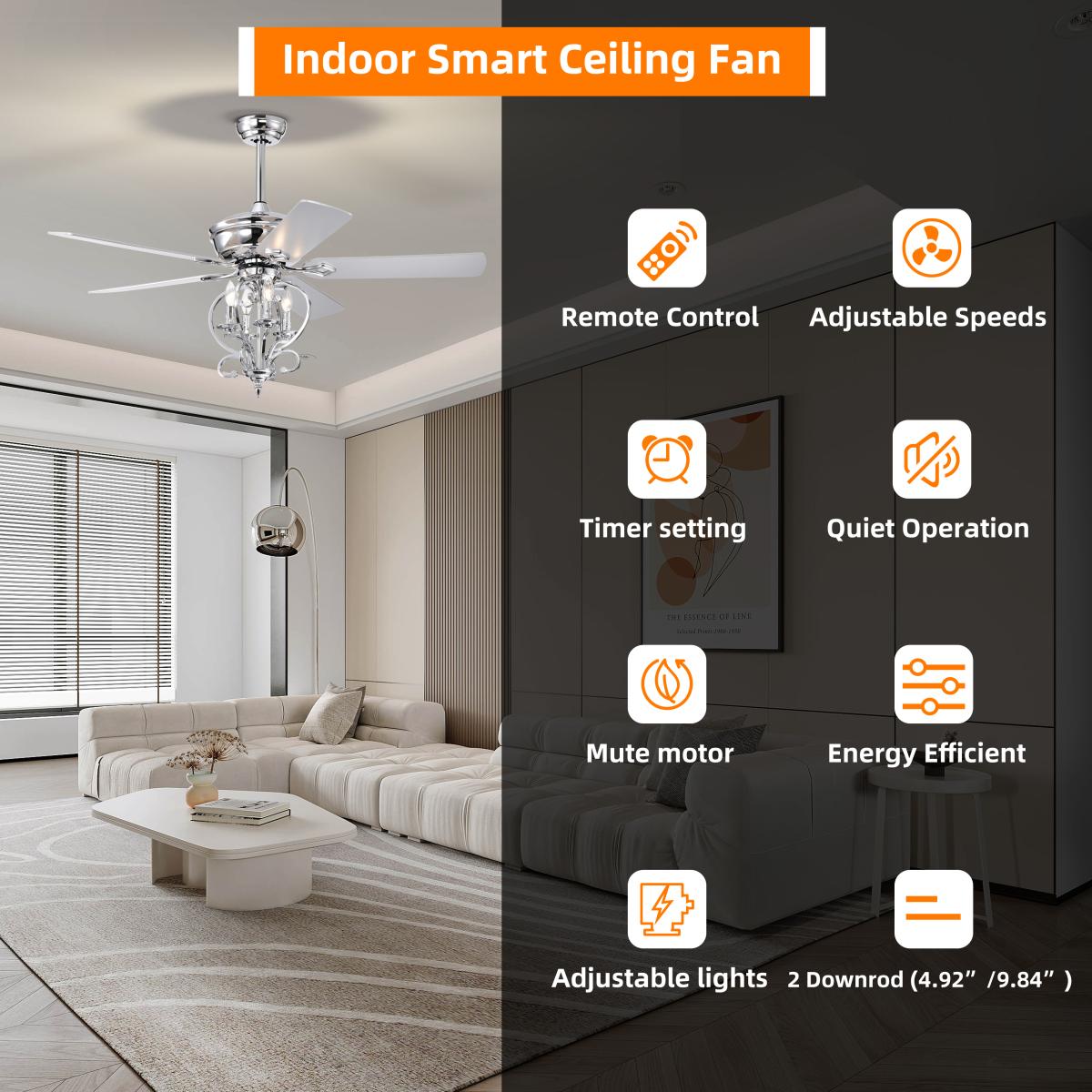 52 inch 4 Lights Ceiling Fan with 5 Wood Blades, Two-color fan blade, Ac Motor, Remote Control, Reversible Airflow, 3-Speed, Adjustable Height, Traditional Ceiling Fan for home decorate (Silver)