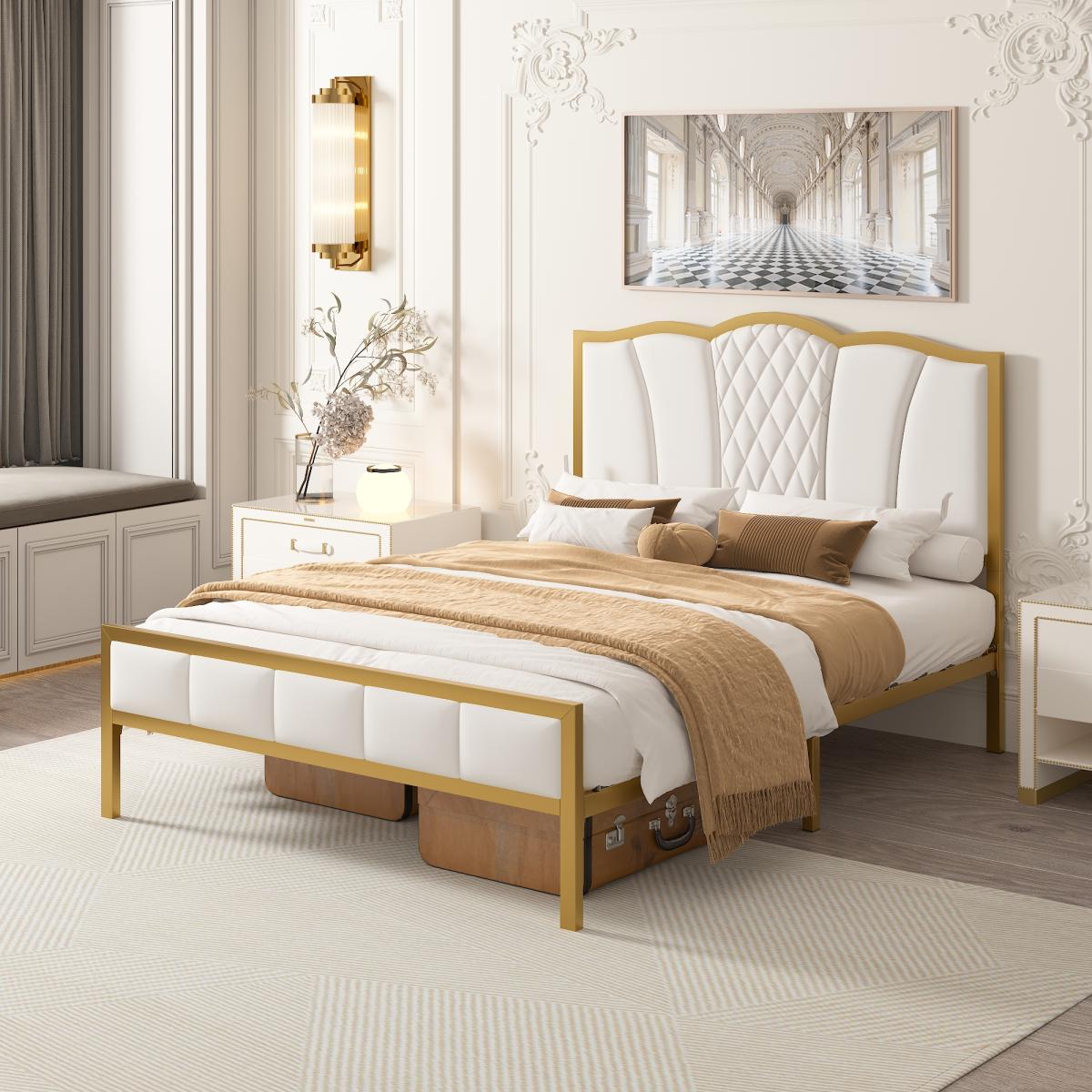 Full Size Bed Frame, Modern Upholstered Bed Frame with Tufted Headboard, Golden Metal Platform Bed Frame with Wood Slat Support, Noise Free, No Box Spring Needed,Beige