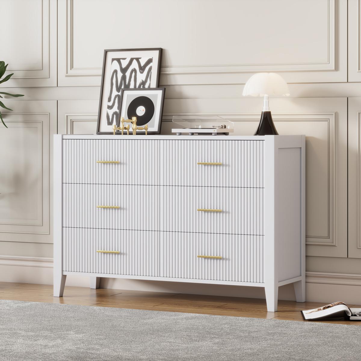6 Drawer Dresser with Metal Handle for Bedroom, Storage Cabinet with Vertical Stripe Finish Drawer, White(Passed Astm F2057-23 Test)
