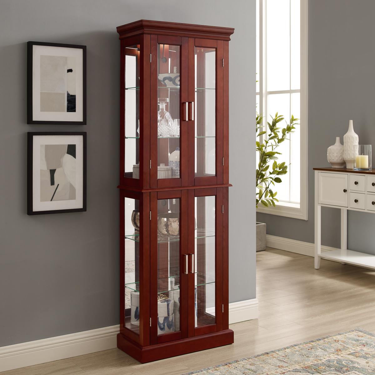 Curio Cabinet Lighted Curio Diapaly Cabinet with Adjustable Shelves and Mirrored Back Panel, Tempered Glass Doors (Walnut, 6 Tier), (e26 light bulb not included)