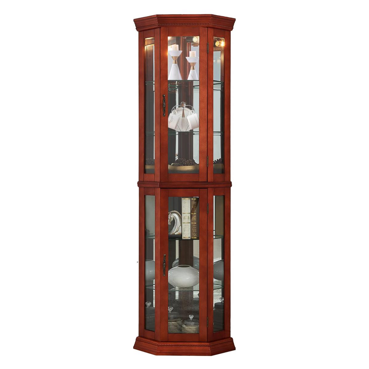 Corner Curio Cabinet with Lights, Adjustable Tempered Glass Shelves, Mirrored Back, Display Cabinet,Walnut (e26 light bulb not included)