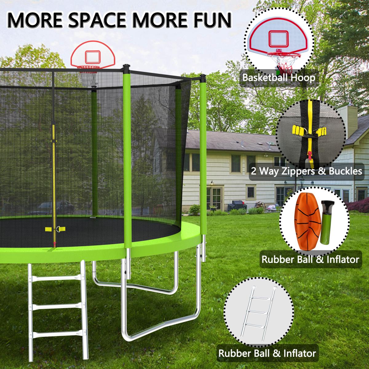 12FT Trampoline Green for Kids & Adults with Basketball Hoop and Ball ,Recreational Trampolines with Safety Enclosure for Back Yard Outdoor