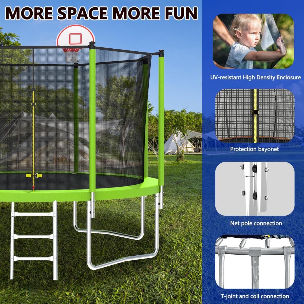 12FT Trampoline Green for Kids & Adults with Basketball Hoop and Ball ,Recreational Trampolines with Safety Enclosure for Back Yard Outdoor