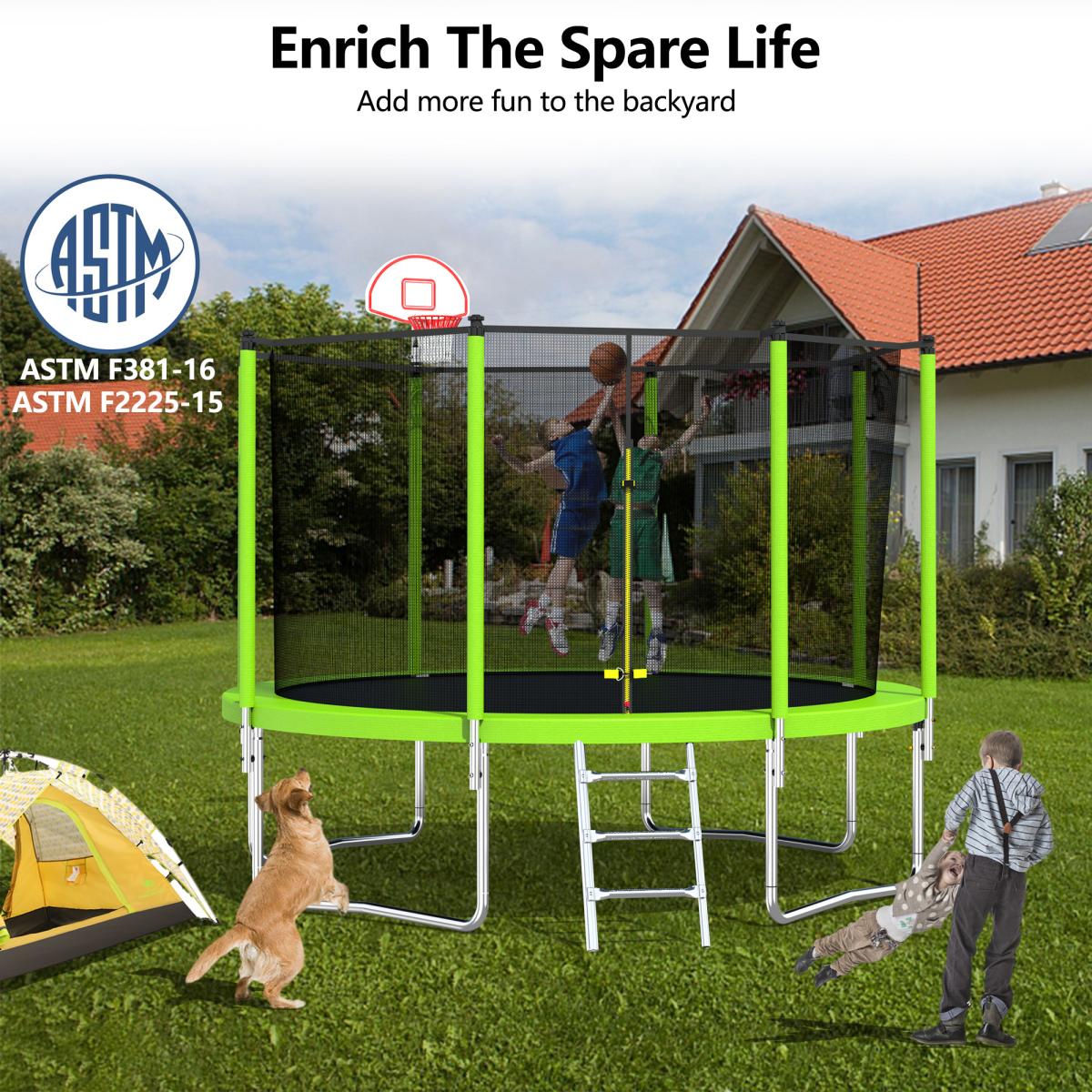 12FT Trampoline Green for Kids & Adults with Basketball Hoop and Ball ,Recreational Trampolines with Safety Enclosure for Back Yard Outdoor