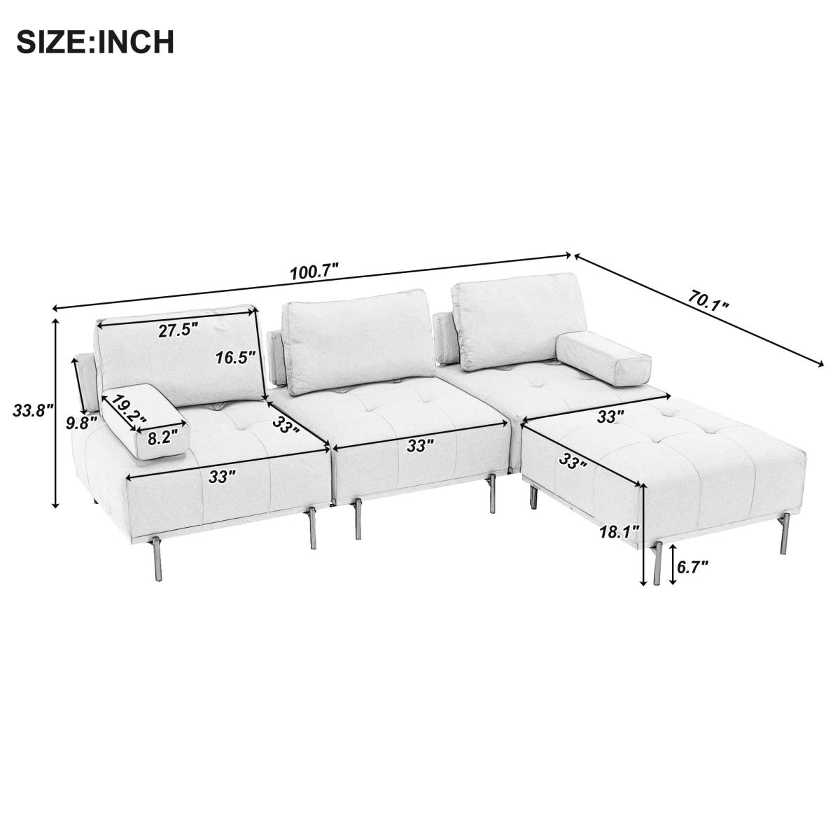 100.7'' L-Shape Sectional Sofa 3-Seater Couches with a Removable Ottoman, Comfortable Fabric for Living Room, Apartment, Grey