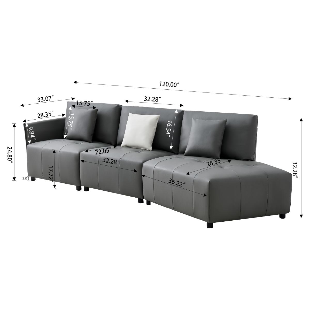 120'' Real Leather Sofa, Modern Modular Sectional Couch, Button Tufted Seat Cushion for Living room, Apartment & Office.(Dark Gray)