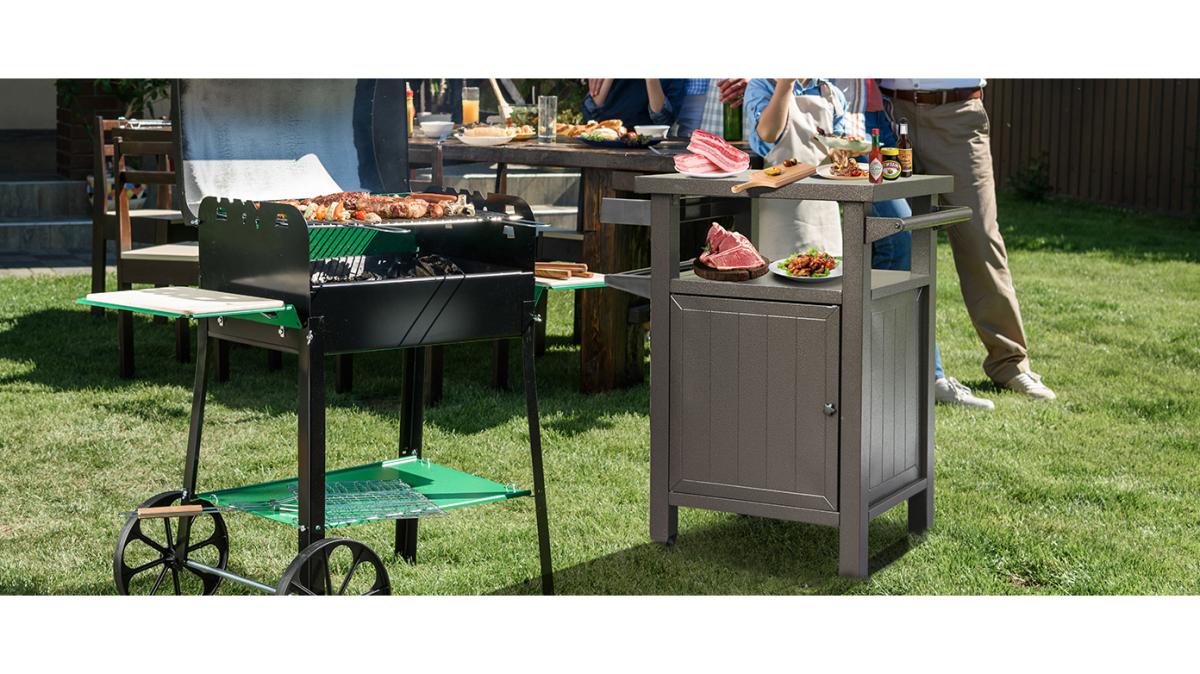 Grill Carts Outdoor with Storage and Wheels, Whole Metal Portable Table and Storage Cabinet for Bbq, Deck, Patio, Backyard(Brown)