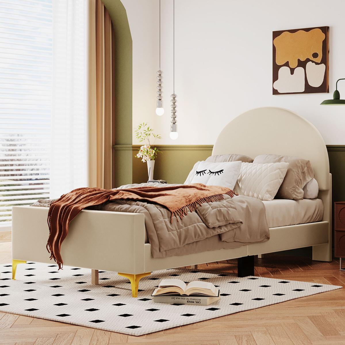 Twin Size Upholstered Platform Bed with Classic Semi-circle Shaped headboard and Mental Legs, Velvet, Beige