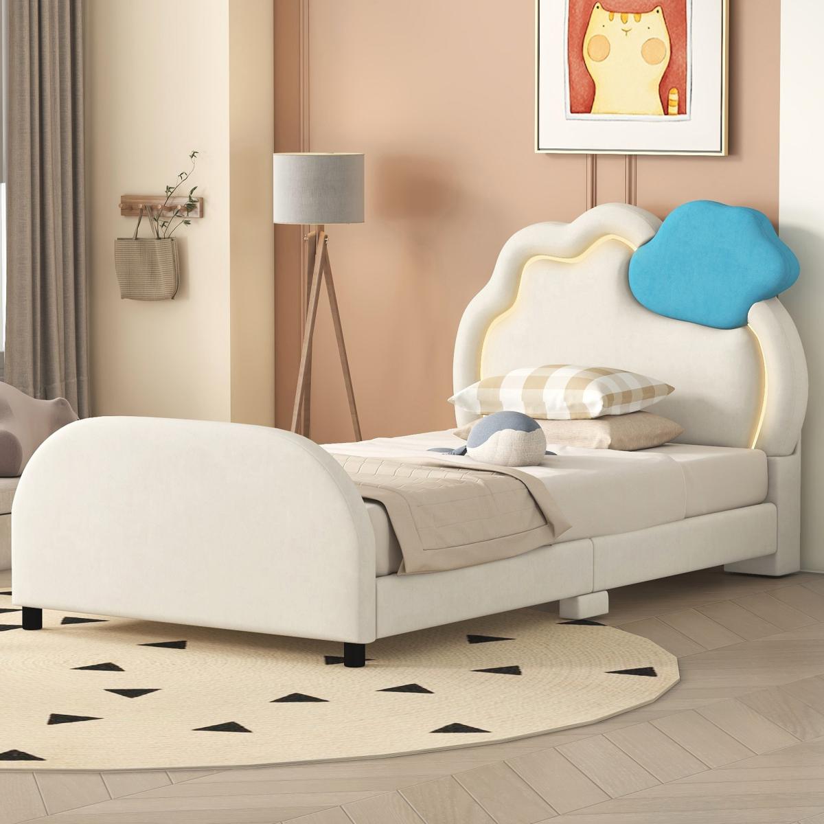Twin Size Upholstered Platform Bed with Cloud-Shaped Headboard and Embedded Light Stripe, Velvet, Beige