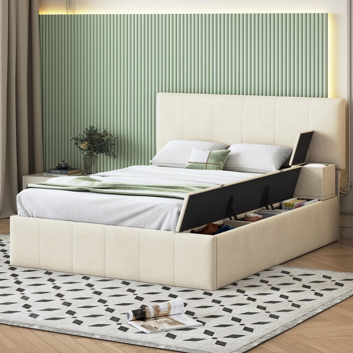 Full Size Upholstered Platform Bed with Lateral Storage Compartments and Thick Fabric, Velvet, Beige