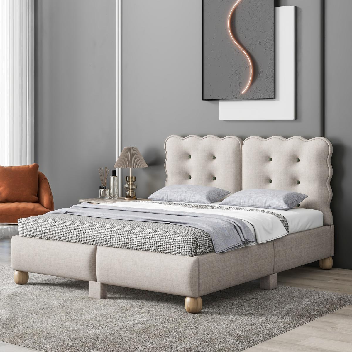 Full Size Upholstered Platform Bed with Support Legs,Beige