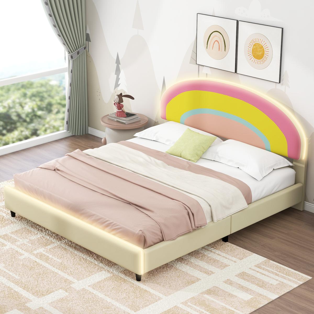 Full Size Upholstered Platform Bed with Rainbow Shaped and Height-adjustbale Headboard,LED Light Strips,Beige