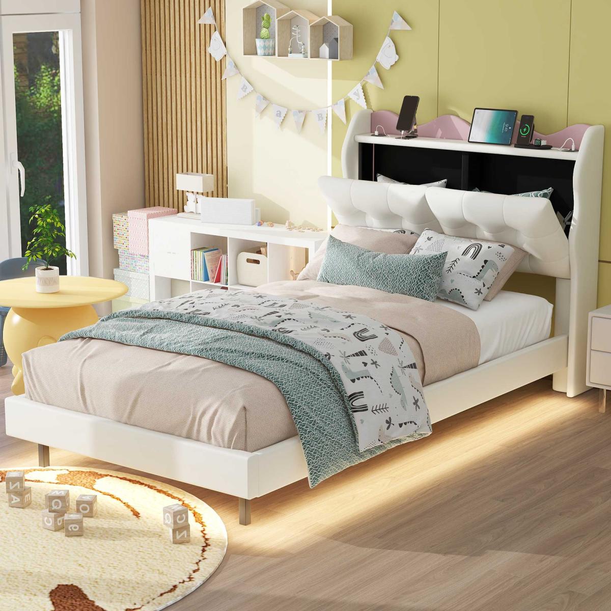 Twin Size Upholstery Platform Bed Frame with Led Light Strips,Headboard Storage Space and Two Usb Charging Deisgn,Beige