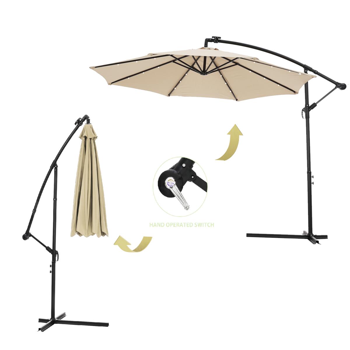 10 Ft Solar Led Patio Outdoor Umbrella Hanging Cantilever Umbrella Offset Umbrella Easy Open Adustment with 32 Led Lights - tan