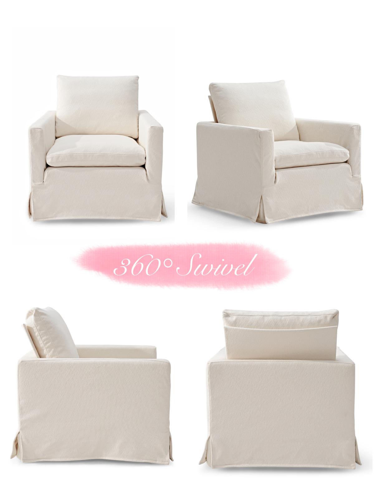 Swivel Chair with Loose Cover, Beige Fabric, Solid wood, Dimensions: 32.67
