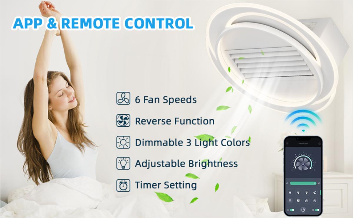 22Inches Bladeless Ceiling Fan with Lights Remote Control Dimmable Led, 6 Gear Wind Speed Fan Light