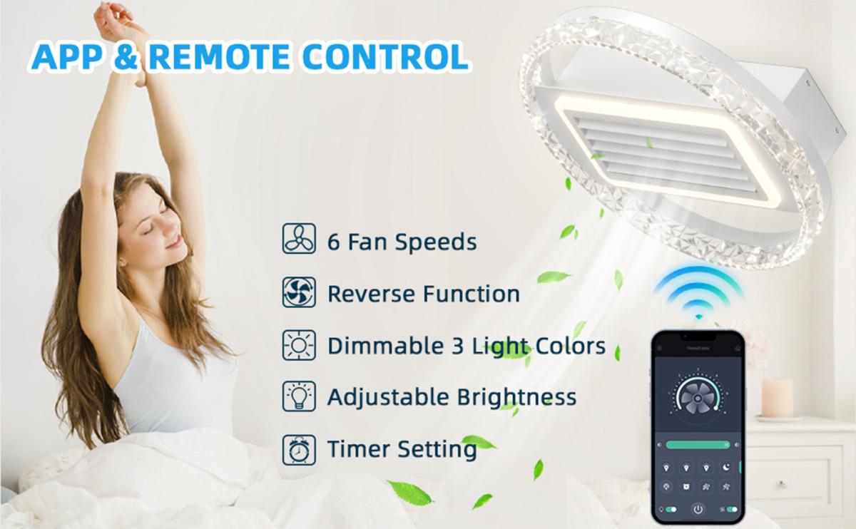 20Inches Bladeless Ceiling Fan with Lights Remote Control Dimmable Led, 6 Gear Wind Speed Fan Light