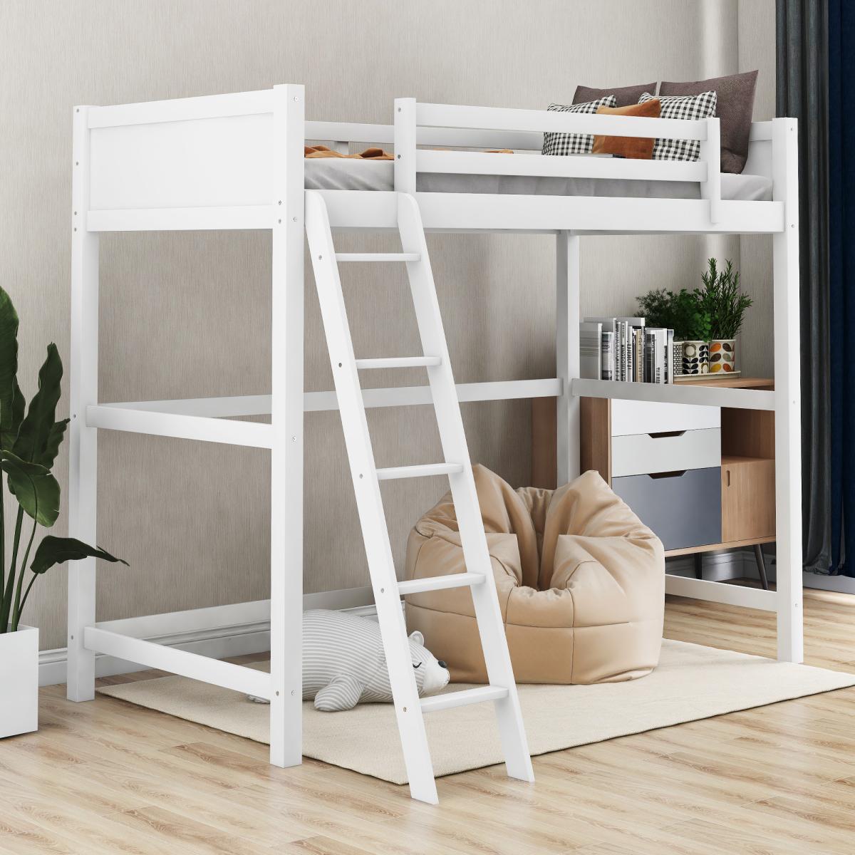 Solid Wood Twin Size Loft Bed with Ladder(White)(OLD Sku: Wf191903aak)