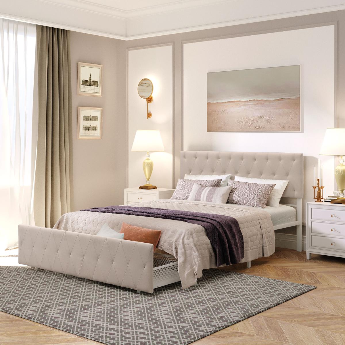 Full Size Storage Bed Metal Platform Bed with a Big Drawer - Beige