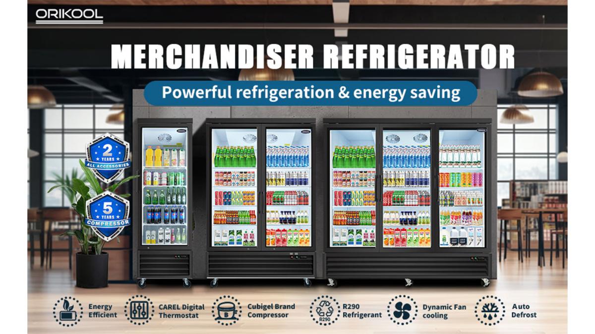 ORIKOOL Glass Door Merchandiser Refrigerator 19.2 Cu.ft Swing Door Commercial Display Refrigerators Merchandising Refrigeration with Led Top Panel