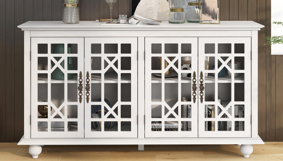 TREXM Sideboard with Adjustable Height Shelves, Metal Handles, and 4 Doors for Living Room, Bedroom, and Hallway (Antique White)
