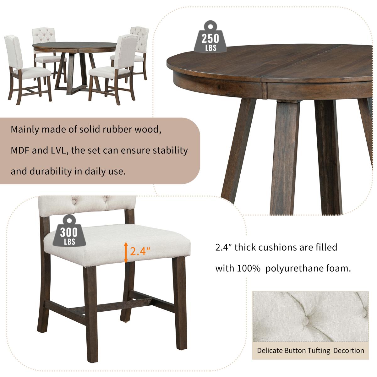 TREXM 5-Piece Retro Functional Dining Set, Round Table with a 16