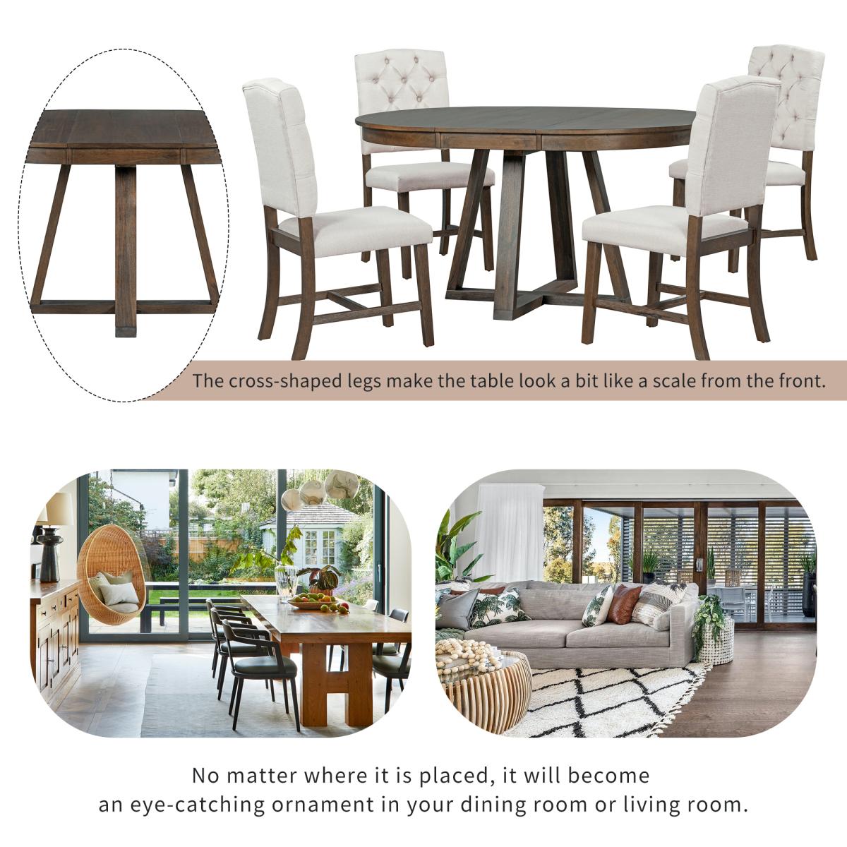 TREXM 5-Piece Retro Functional Dining Set, Round Table with a 16