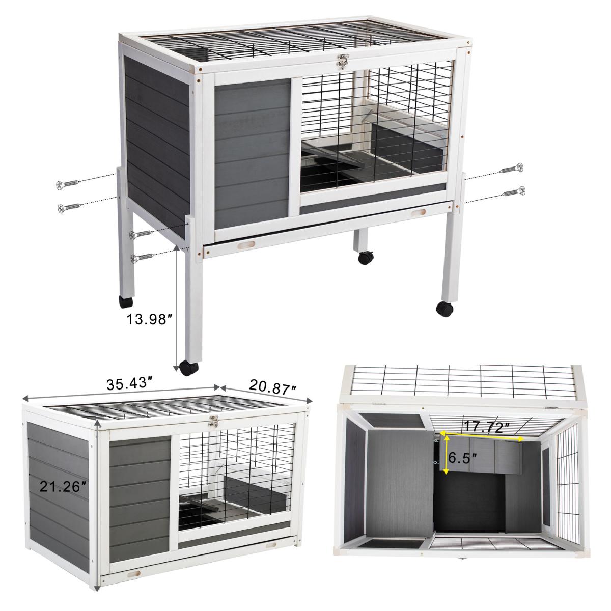 Wooden Rabbit Hutch with Wheels, Indoor/Outdoor Pet House with Pull Out Tray - Gray and White