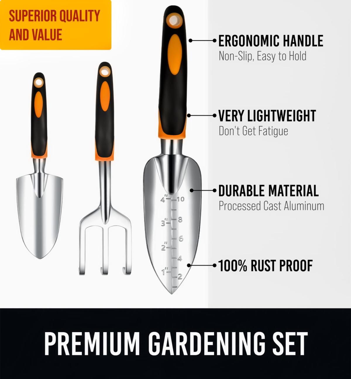 Essential Garden Tool Set - Heavy Duty, Non-Slip Grip, Ergonomic Gardening Hand Tools Kit Includes Transplanter, Trowel, Rake, Bag, and Gloves