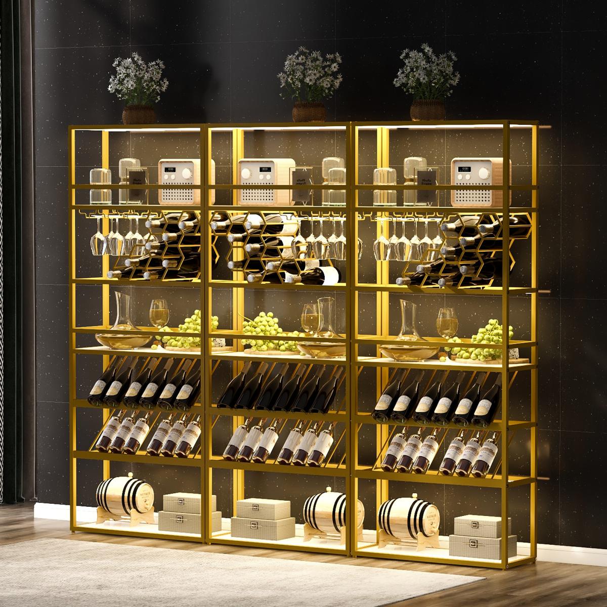 LED Tall Bar Cabinet Wine Rack, Gold Contemporary Standing Honeycomb Wine Rack with Glass Rack