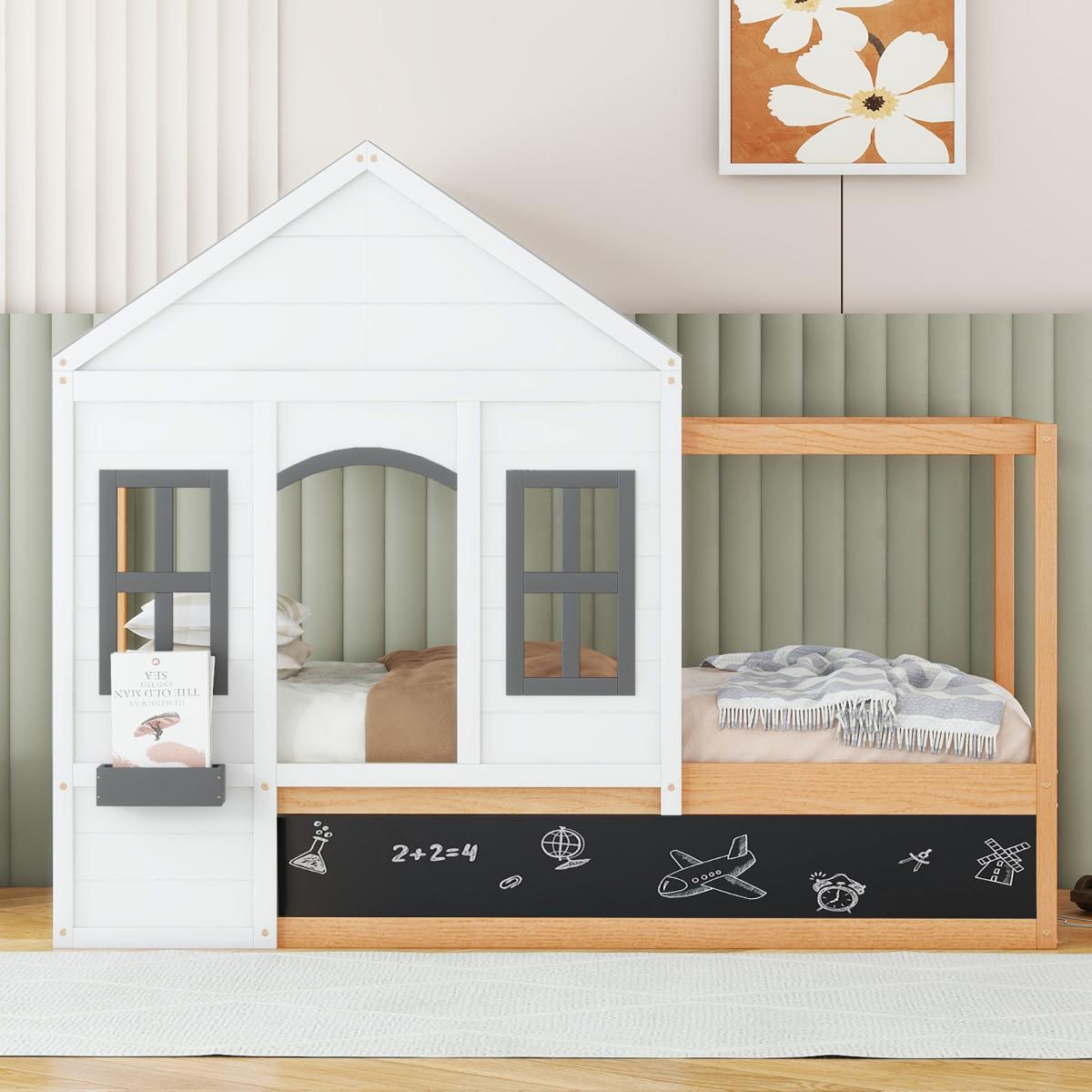 Twin Size House Shaped Canopy Bed with Black Roof and White Window,Blackboard and Little Shelf, White(Old Sku: Wf294051aak)