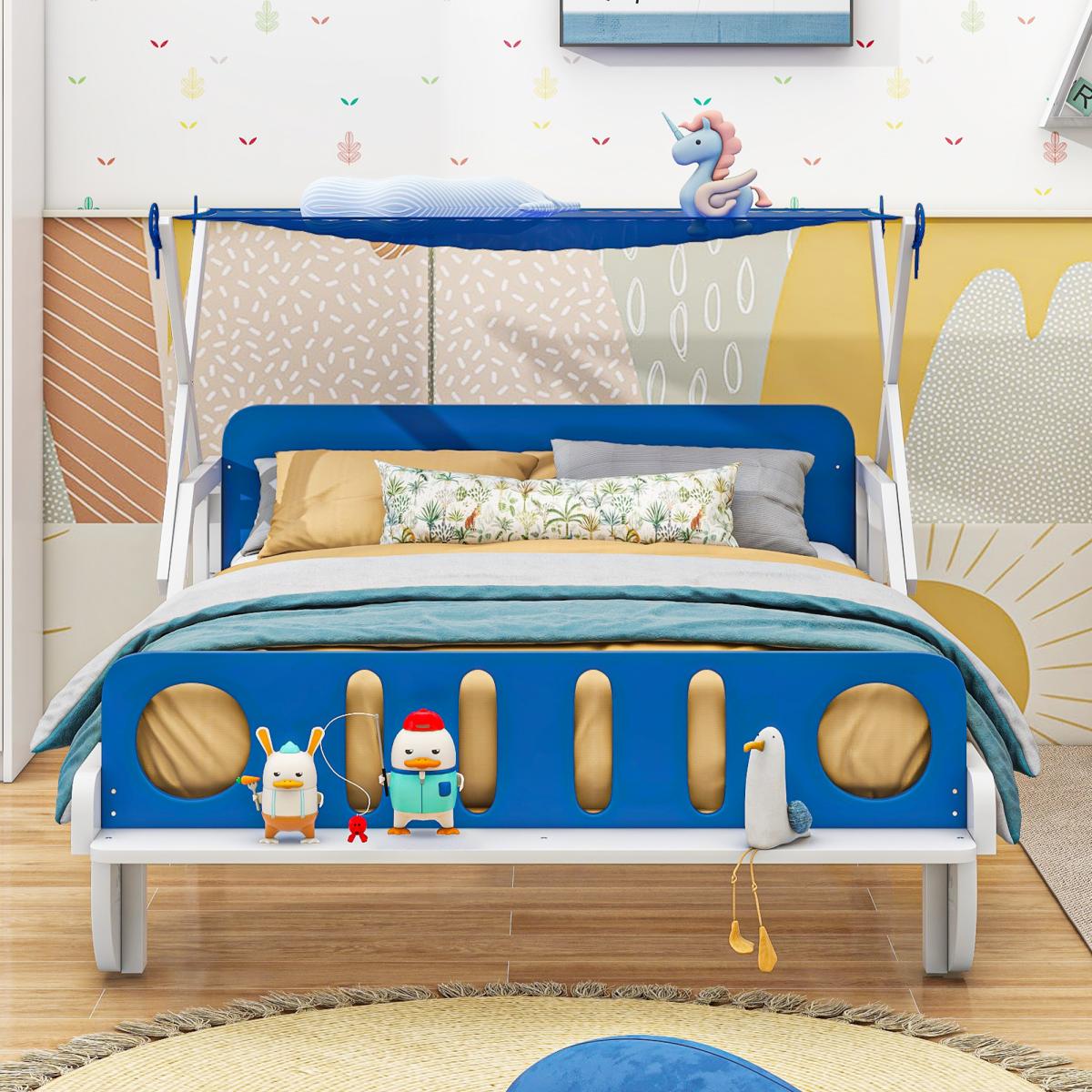 Wood Twin Size Car Bed with Ceiling Cloth, Headboard and Footboard, White+Blue