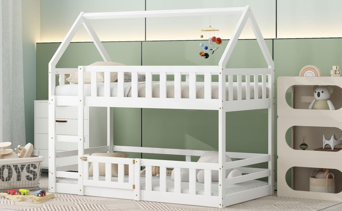 Twin over Twin House Bunk Bed with Fence and Door, White