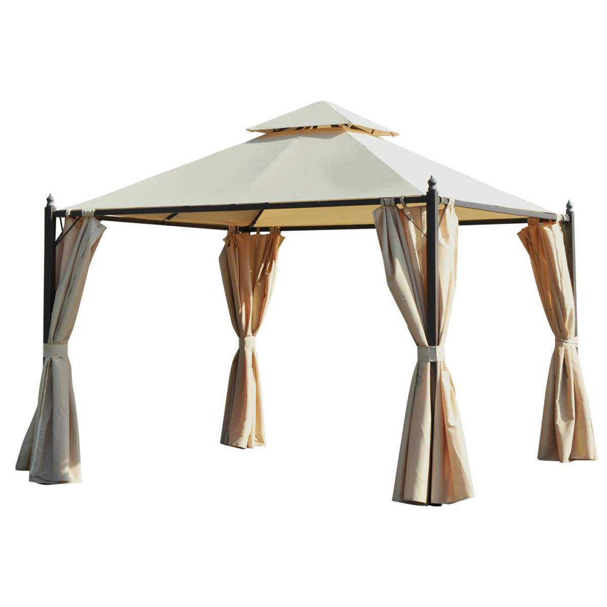 10' x 10' Steel Outdoor Patio Gazebo with Polyester Privacy Curtains, Two-Tier Roof for Air, & Large Design