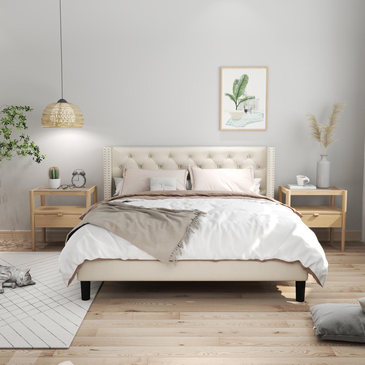 Molblly King Size Bed Frame with Upholstered Headboard, Strong Frame, and Wooden Slats Support, Non-Slip, and Noise-Free, No Box Spring Needed, Easy Assembly, Beige