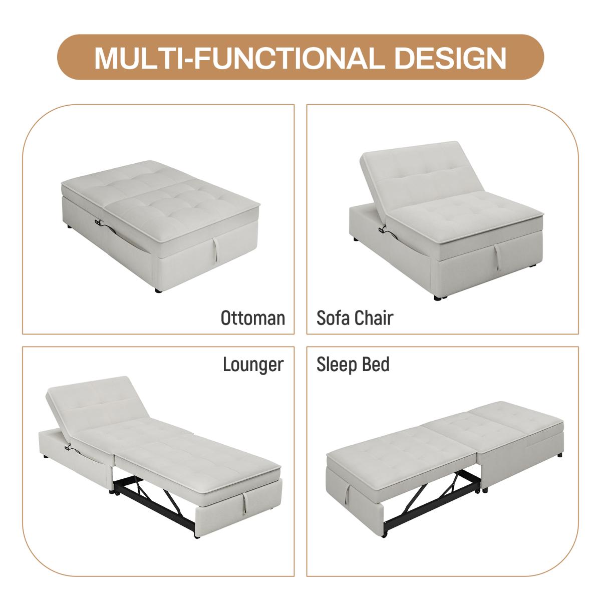 4-in-1 Sofa Bed, Chair Bed, Multi-Function Folding Ottoman Bed with Storage Pocket and Usb Port for Small Room Apartment,Living Room,Bedroom,Hallway,White