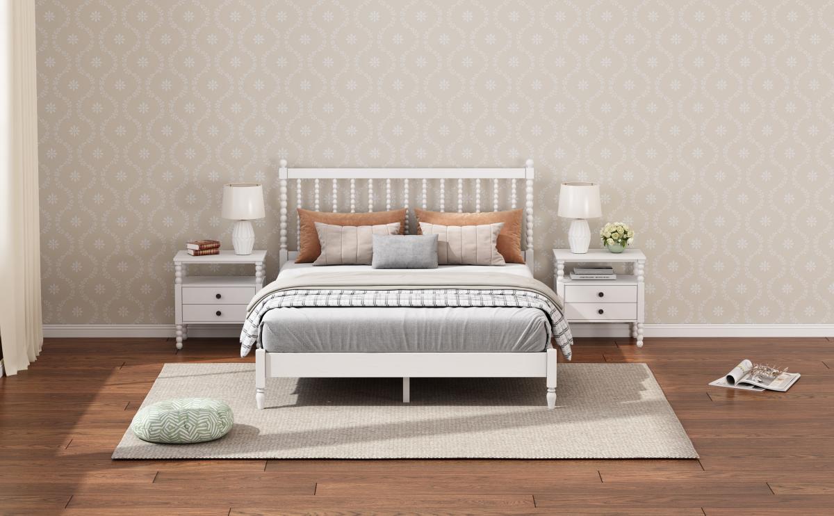 Queen Size Wood Platform Bed with Gourd Shaped Headboard, Antique White