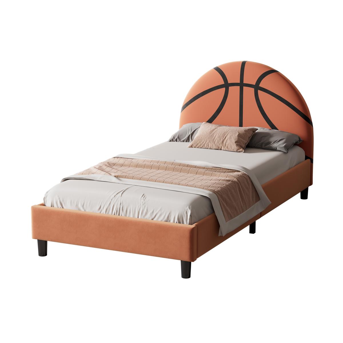Basketball Design Upholstered Twin Platform Bed Sport Style Bed for Boys & Girls, Teens, Orange